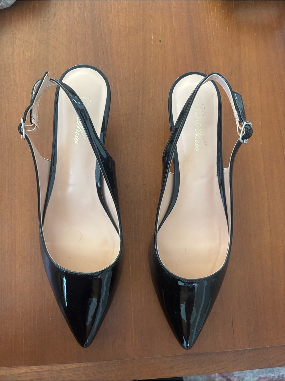 Black Kitten Heel Patent Slingback Pointed-Toe Pumps - Women